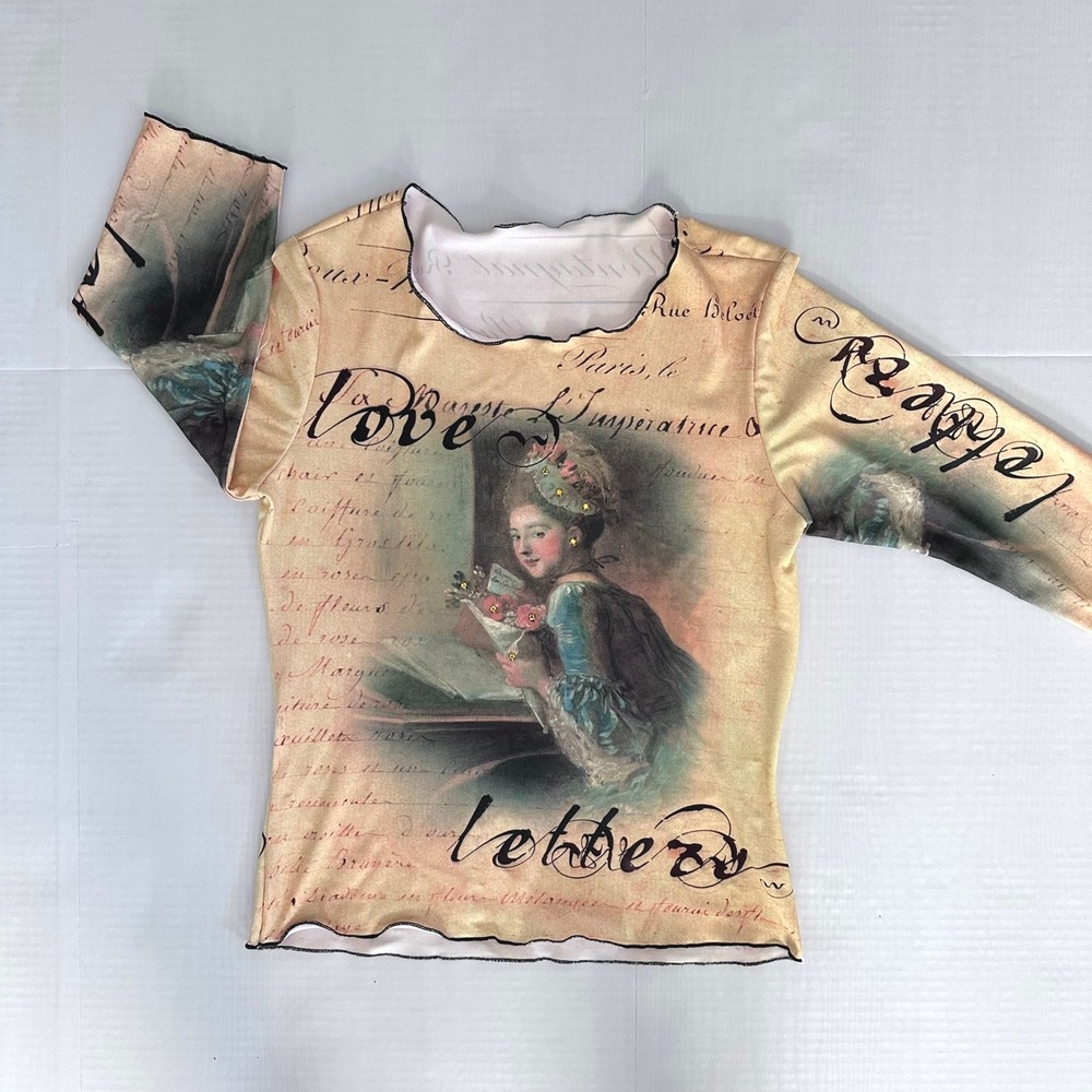 Y2K Rococo Portrait Graphic Long Sleeve Top XS S Rhinestone whimsigoth Coquette